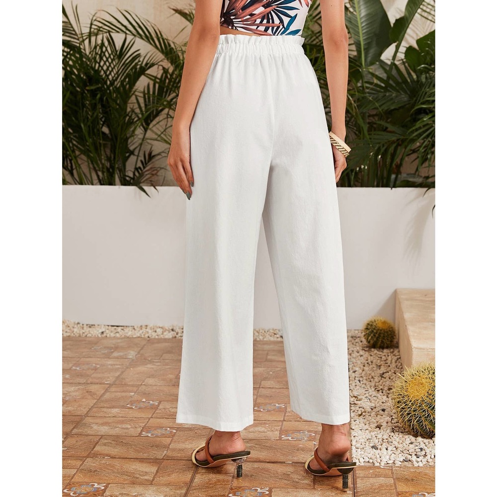 High waisted Frilled Waist Solid Wide Leg Pants green - Picture 3 of 13